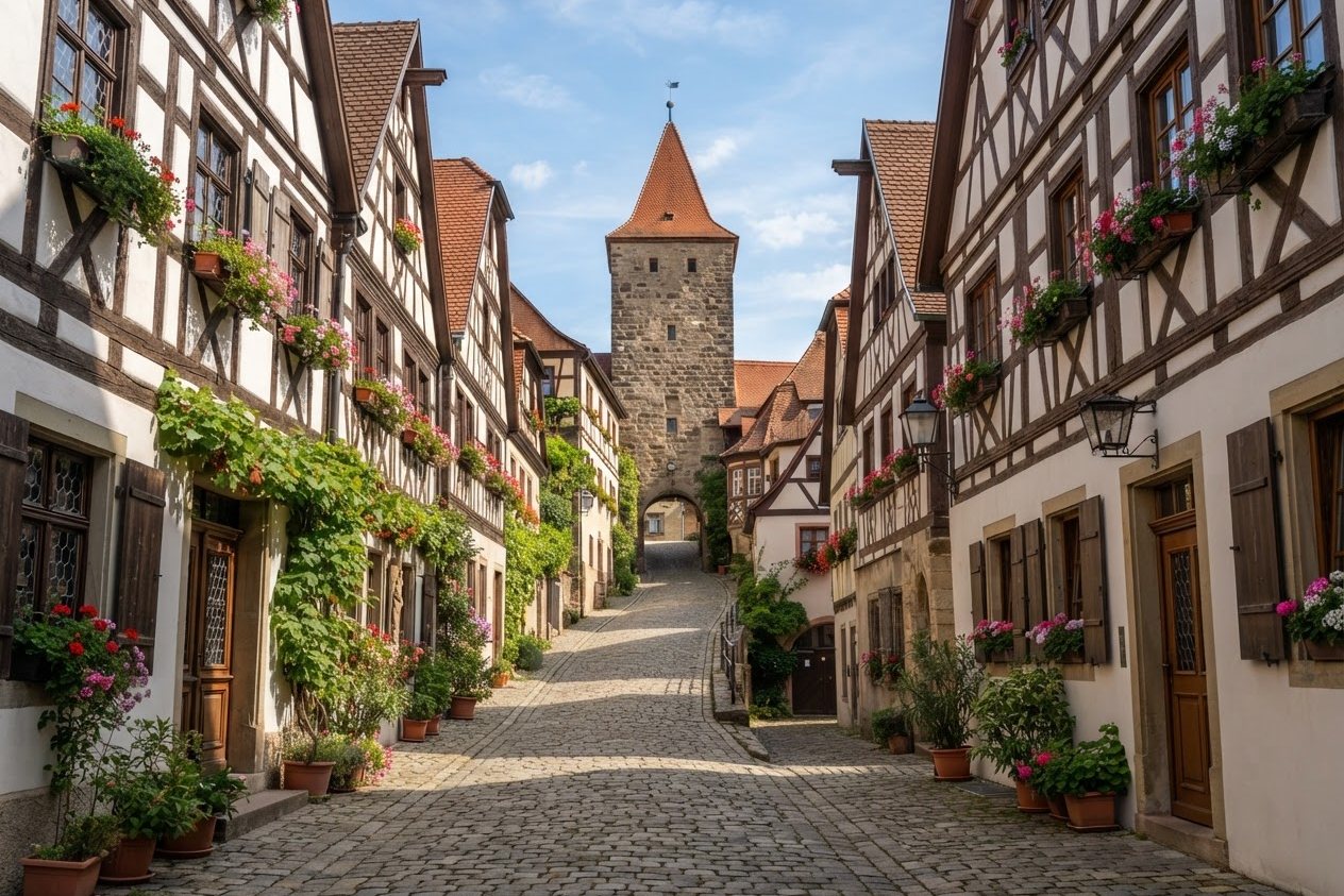 Fachwerkgasse mit Blumenkästen und Stadtturm