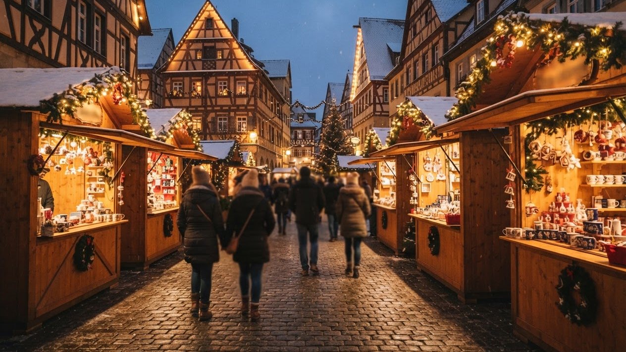 Weihnachtsmarkt mit beleuchteten Ständen in einer Fachwerkgasse