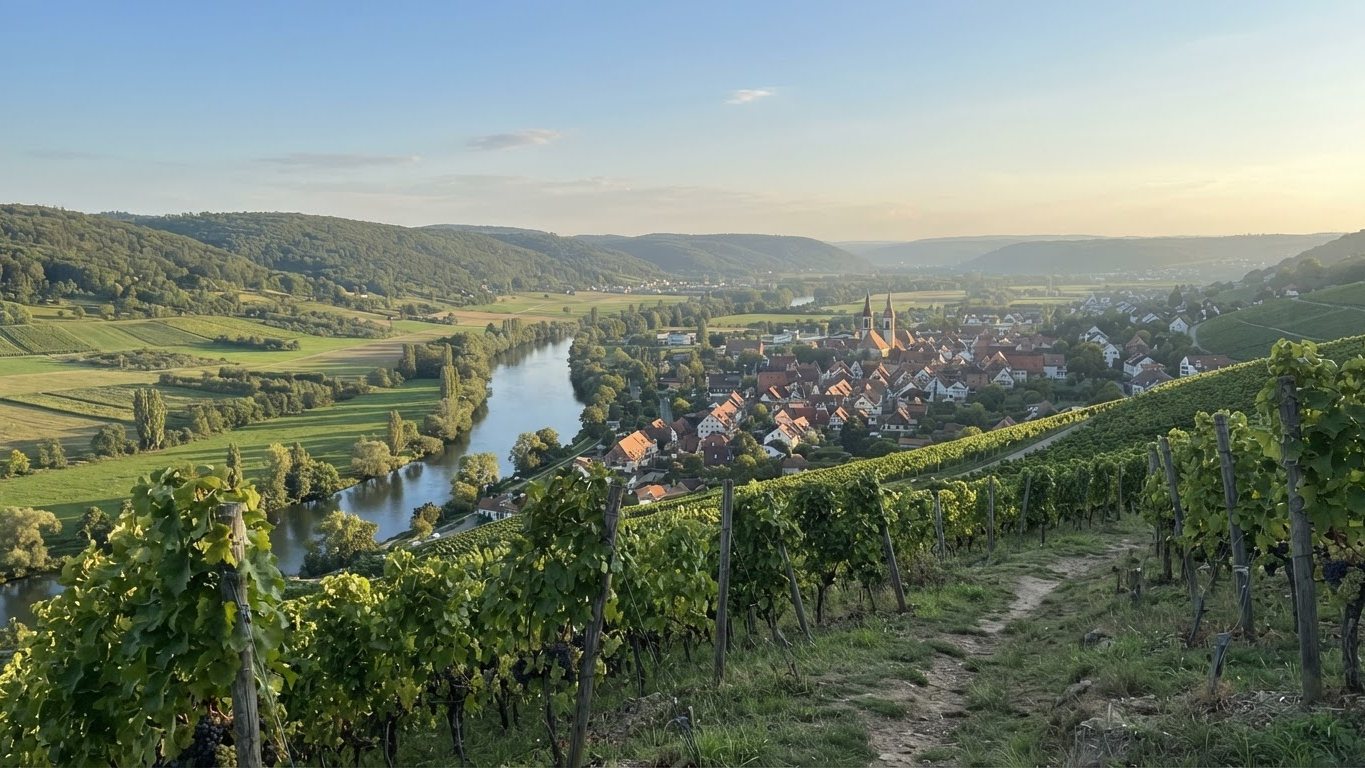 Weinberge über einem Flusstal mit kleiner Stadt im Abendlicht