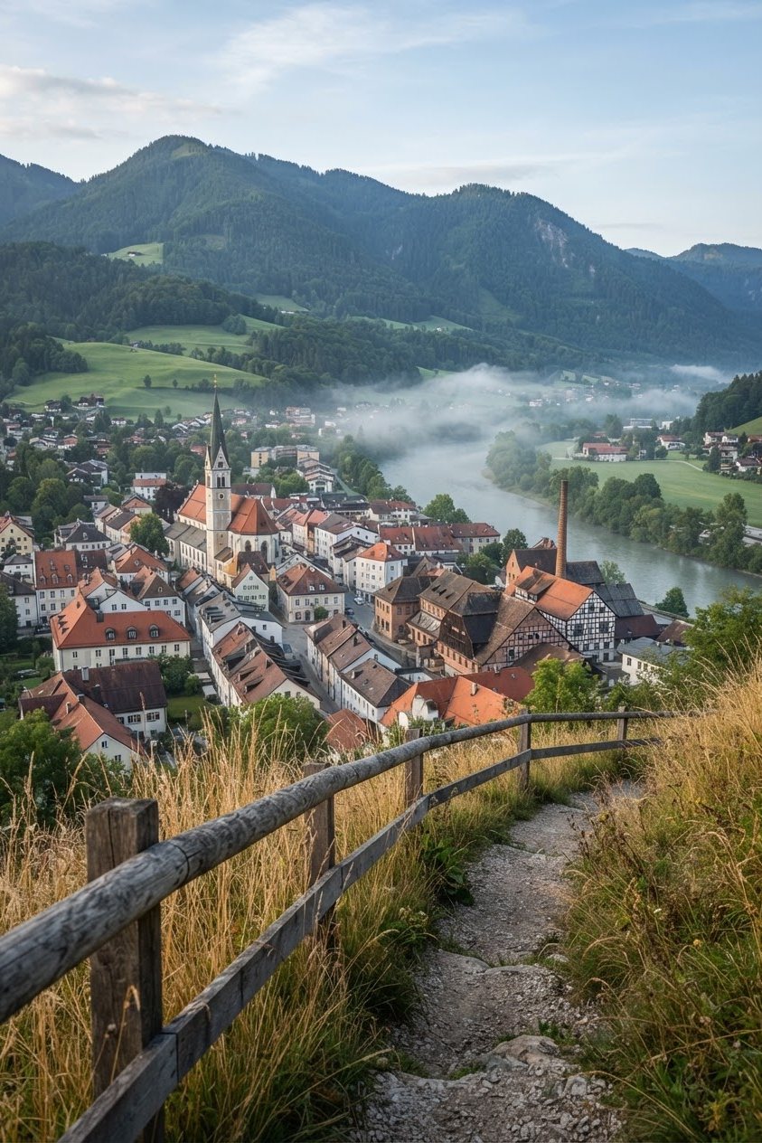 Wanderweg mit Holzgeländer über einer Kleinstadt im Tal