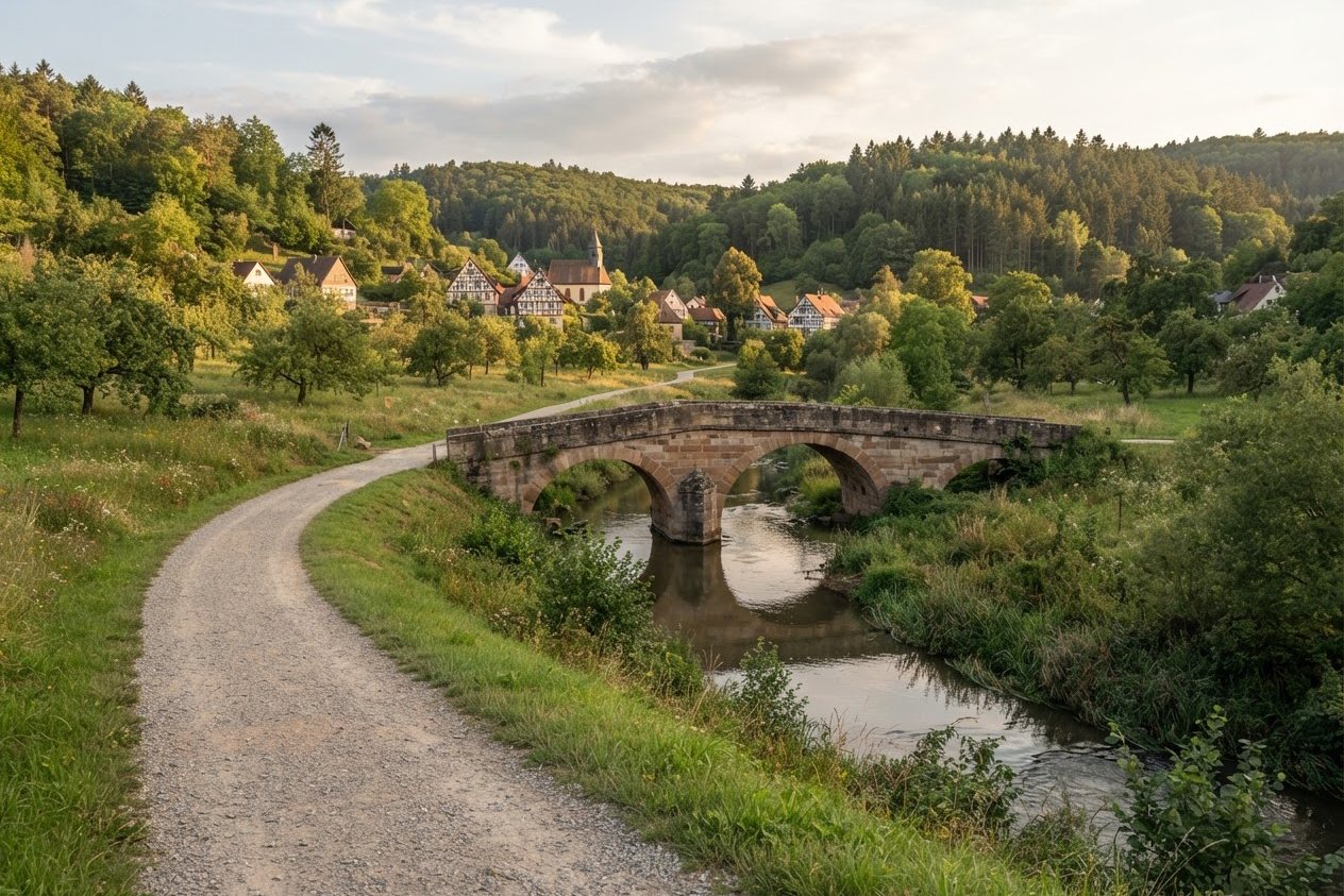 Kiesweg an einem Fluss mit alter Steinbrücke, dahinter ein Ort