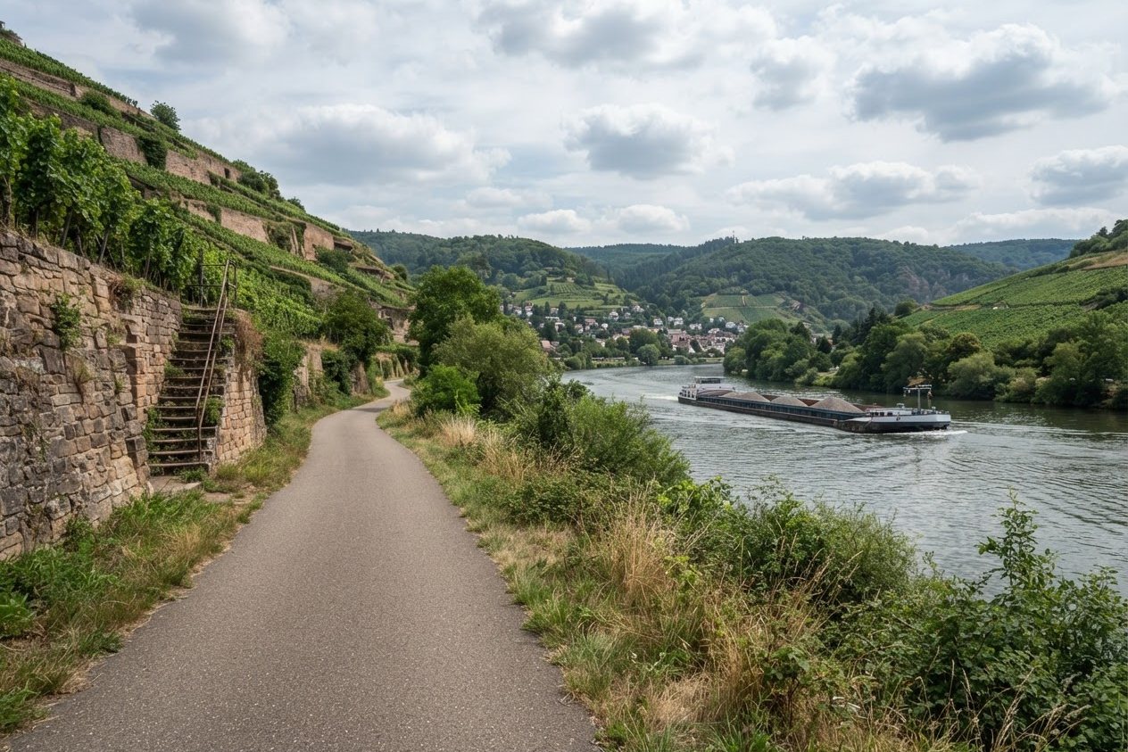 Radweg am Fluss zwischen Weinbergen, auf dem Wasser ein Frachtschiff