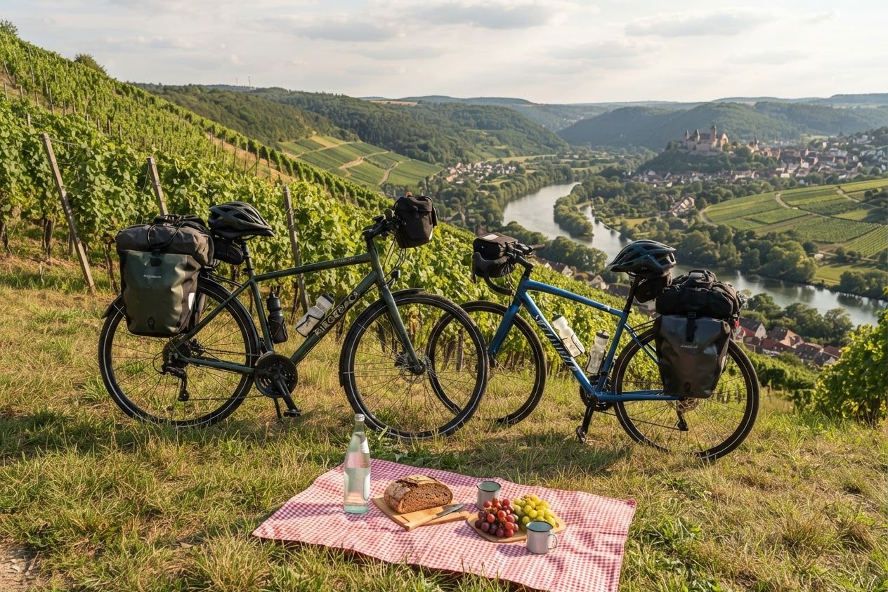 Zwei Fahrräder und eine Picknickdecke in den Weinbergen über dem Flusstal