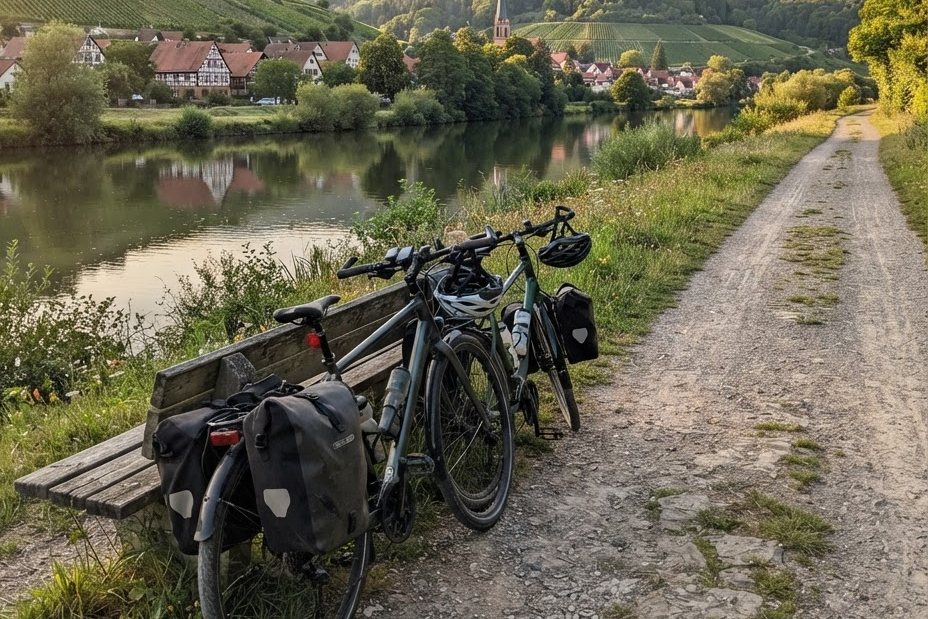 Zwei Fahrräder an einer Bank am Flussufer, gegenüber ein Ort mit Kirchturm und Weinbergen