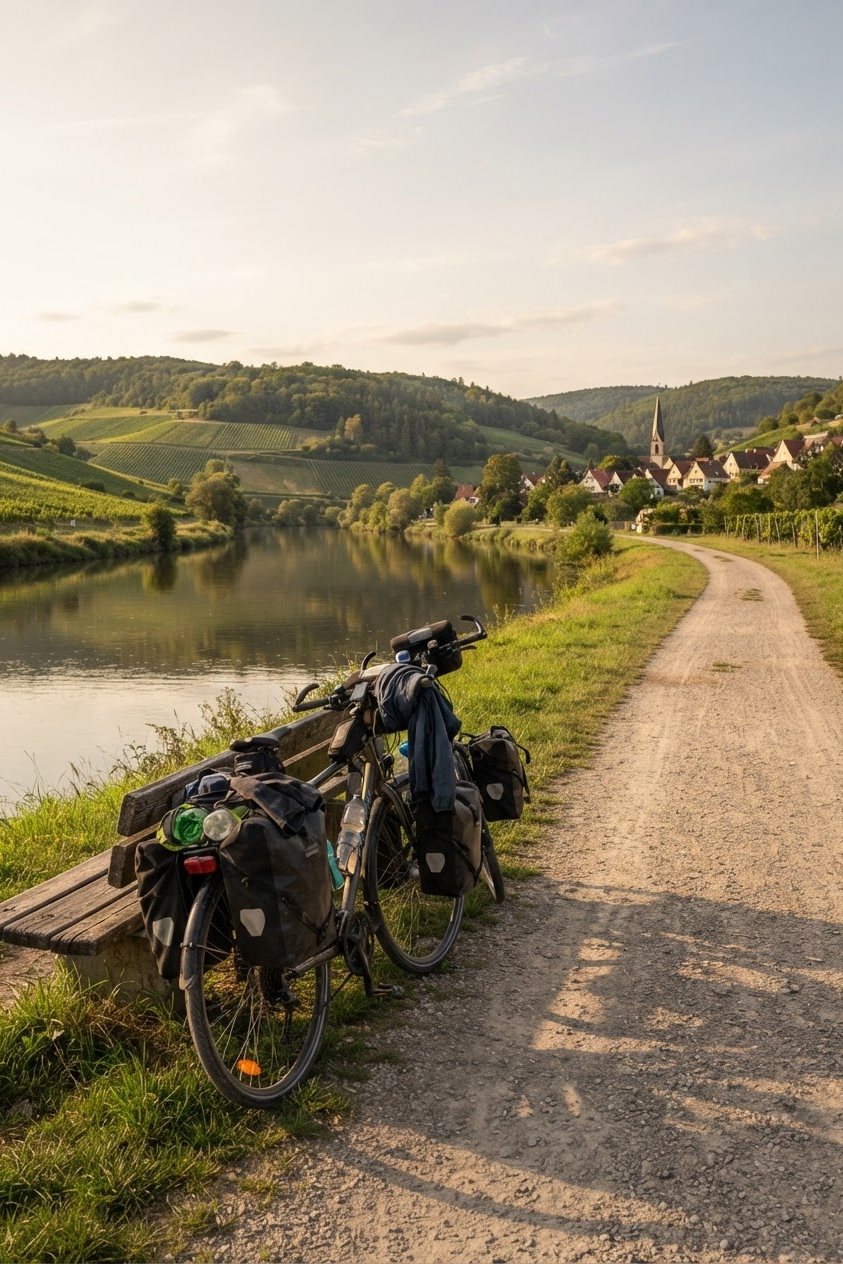 Zwei Fahrräder an einer Bank am Flussufer, gegenüber ein Ort mit Kirchturm und Weinbergen
