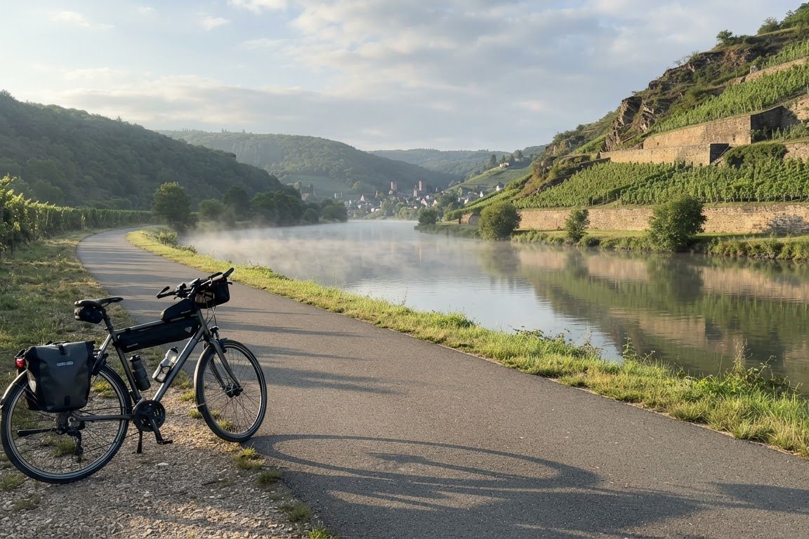 Fahrrad mit Packtaschen am Radweg entlang eines Flusses