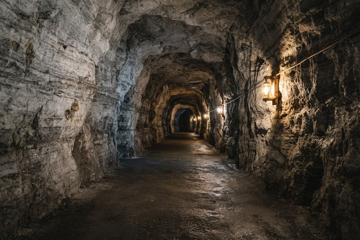 Beleuchteter Stollen in einem Salzbergwerk