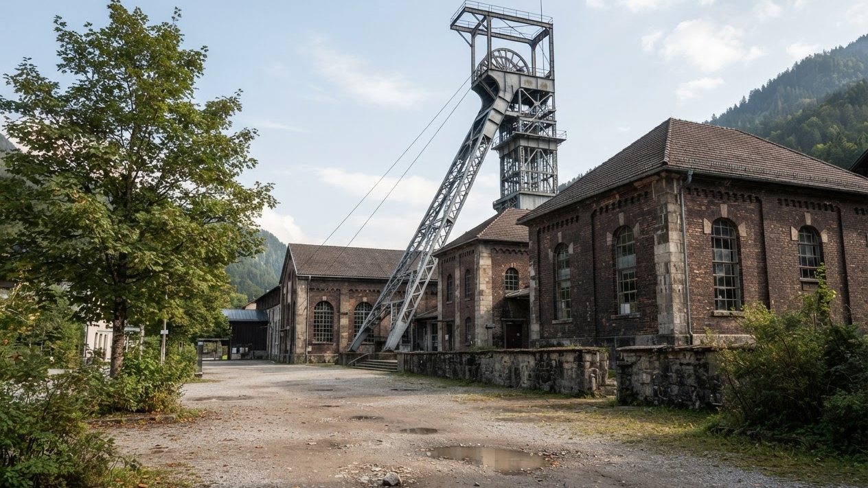Förderturm und Backsteinbauten eines Salzbergwerks