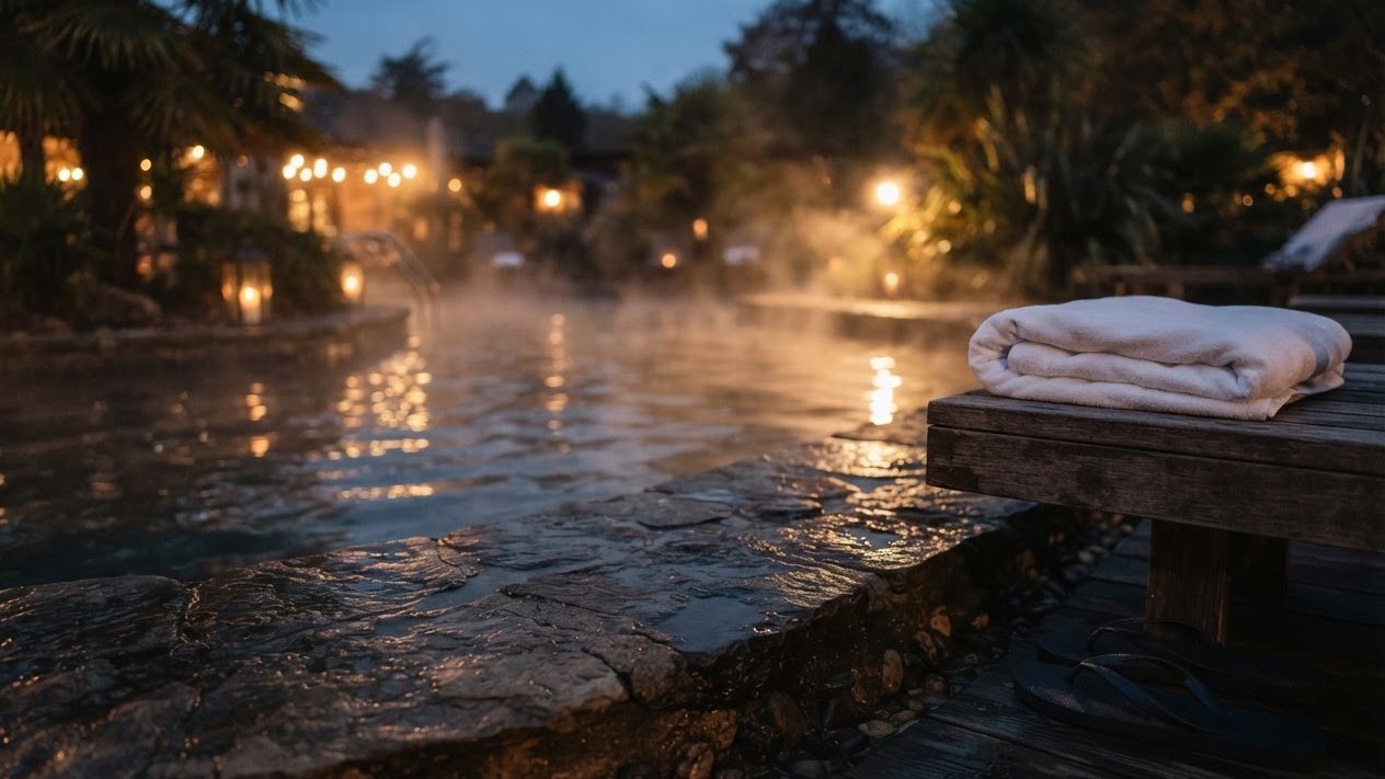 Dampfendes Außenbecken in der Abenddämmerung