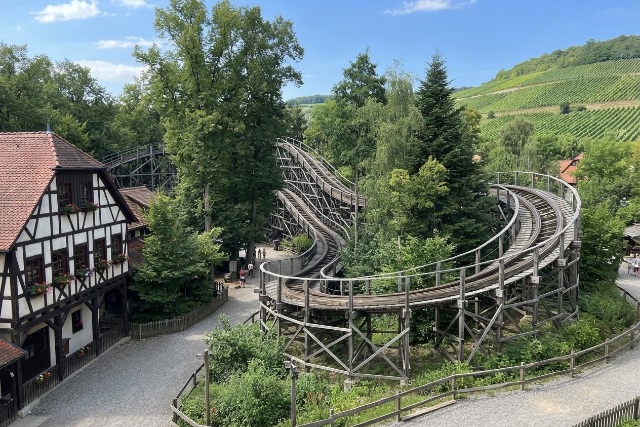 Holzachterbahn zwischen Bäumen neben einem Fachwerkhaus